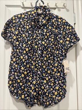 SO Navy Floral Lemon Button-Up Blouse